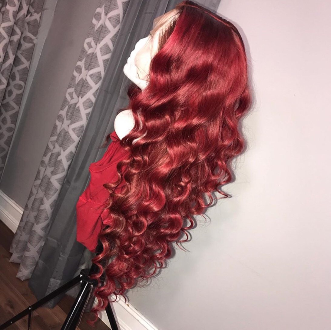 Dark Red Color Loose Wave Lace Frontal Wig
