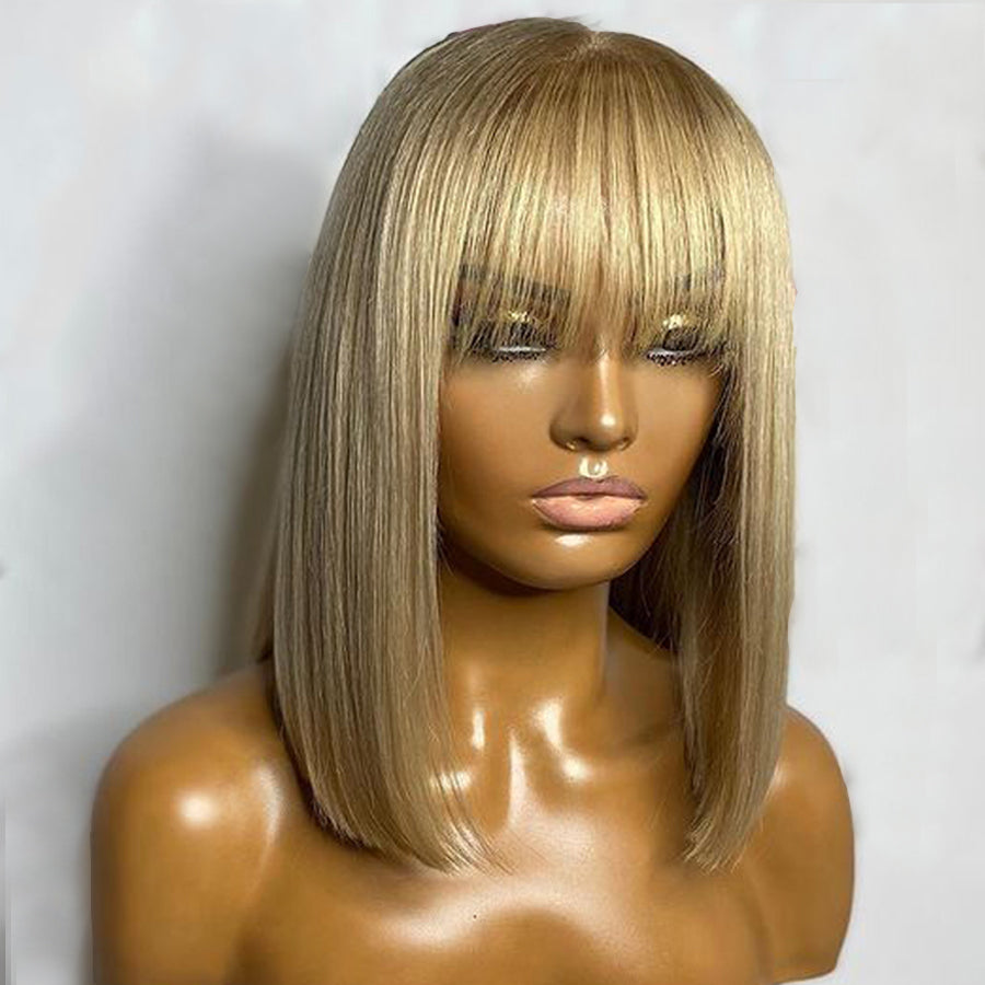 Ash Blonde Straight Bob Lace Wig With Fringe Bangs