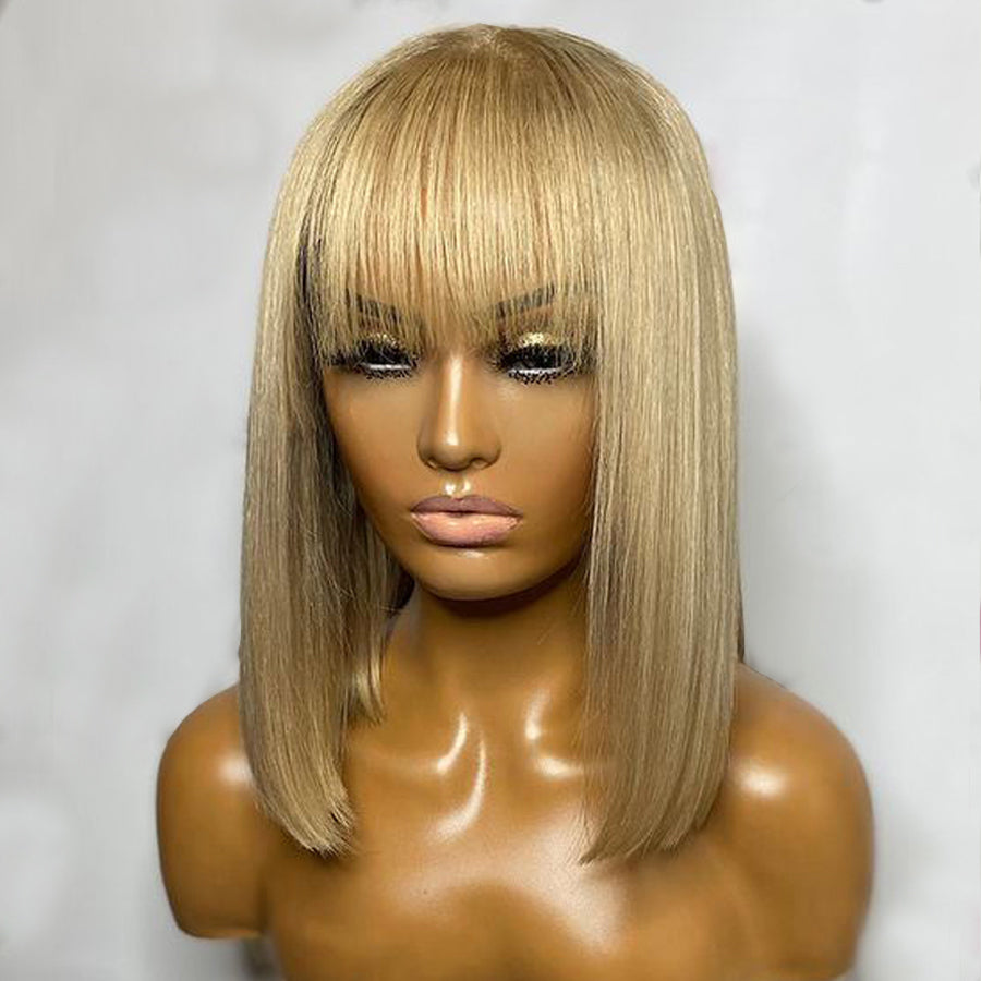 Ash Blonde Straight Bob Lace Wig With Fringe Bangs