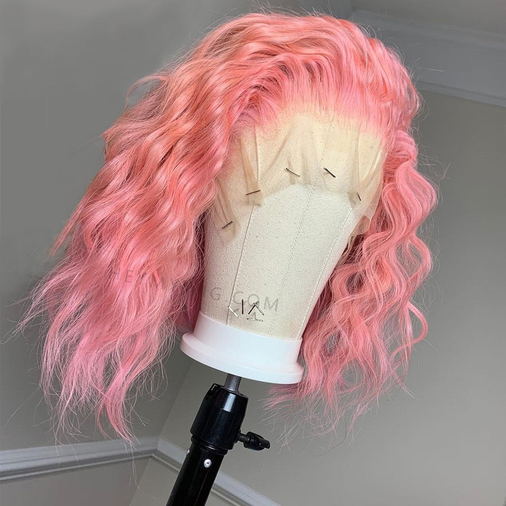 Pink Color Wavy Bob Lace Frontal Wig