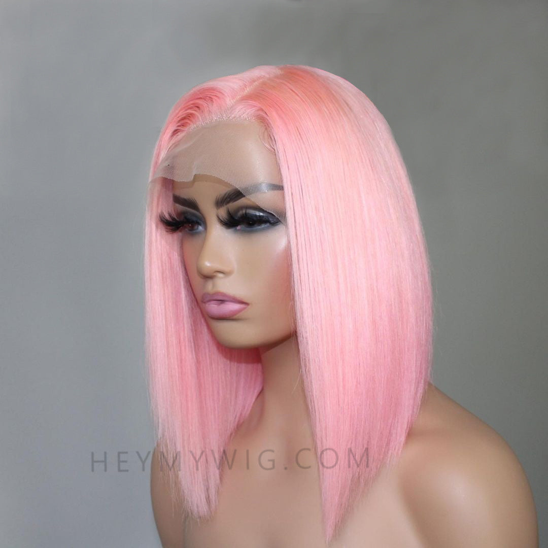 Light Pink Bob Lace Wig Straight Hair