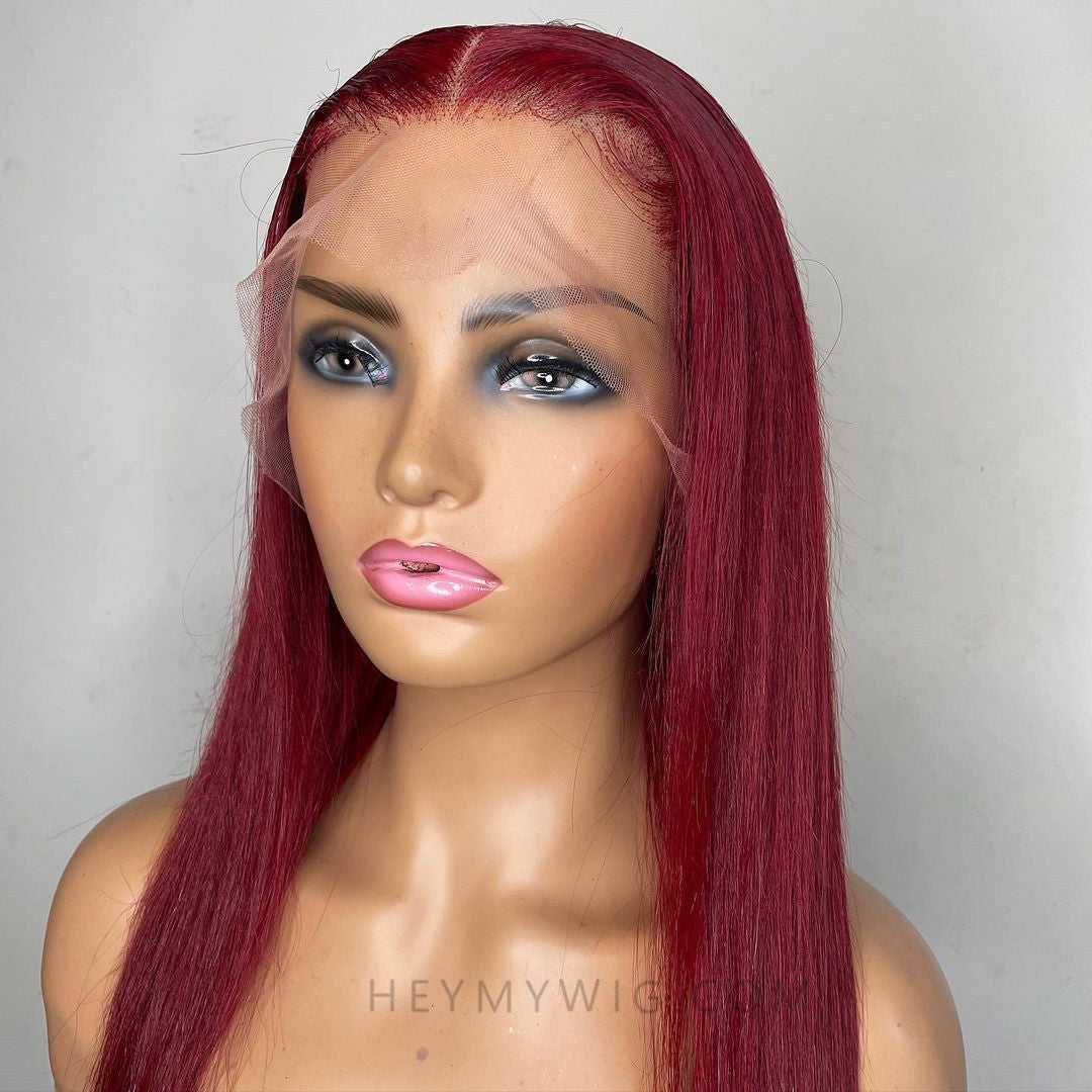 Dark Red Color Lace Frontal Wig Straight