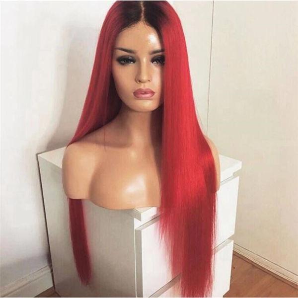 Cherry Red Color Lace Frontal Wig Straight with Black Root