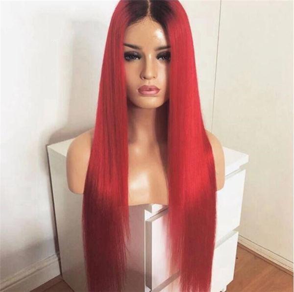 Cherry Red Color Lace Frontal Wig Straight with Black Root