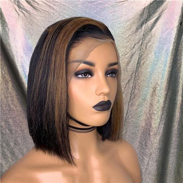 String Brown Hightlight Bob Lace Frontal Wig
